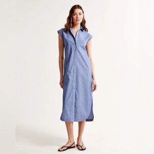 ABERCROMBIE PINSTRIPE COTTON POPLIN MIDI SHIRT DRESS COASTAL RESORT Blue White S